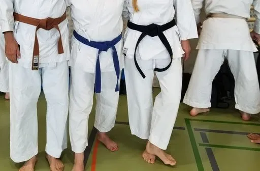 Menschen im Karate-Outfit, nur Beine sind zu sehen.